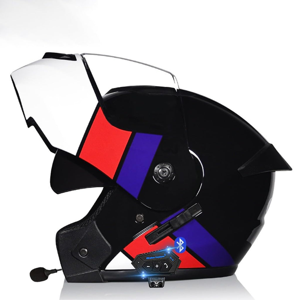 Bluetooth Casques Modulables Moto ECE Homologué, Casque Moto Rabattable Casque IntéGraux Double VisièRe Microphone Double Haut-Parleur pour Hommes Femmes Adultes S-XL (21.6-24.4in)