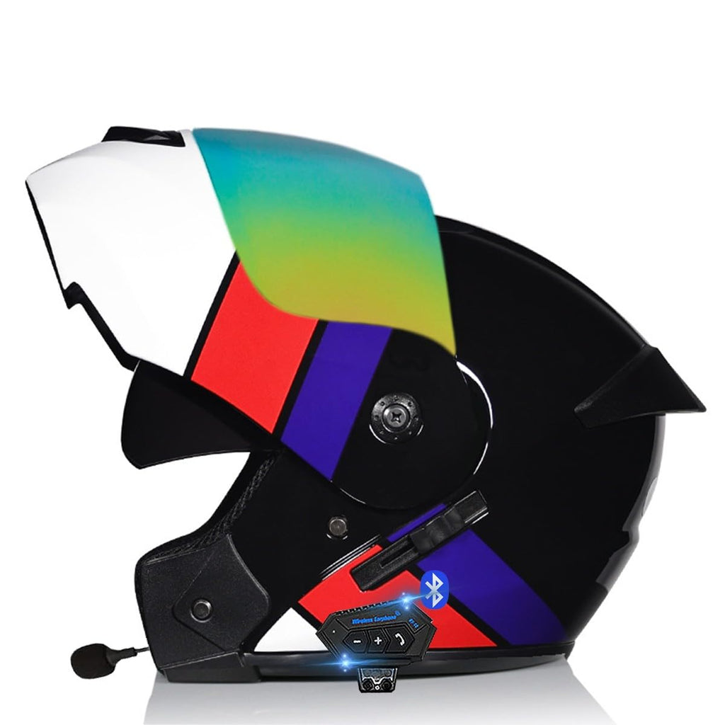 Bluetooth Casques Modulables Moto ECE Homologué, Casque Moto Rabattable Casque IntéGraux Double VisièRe Microphone Double Haut-Parleur pour Hommes Femmes Adultes S-XL (21.6-24.4in)