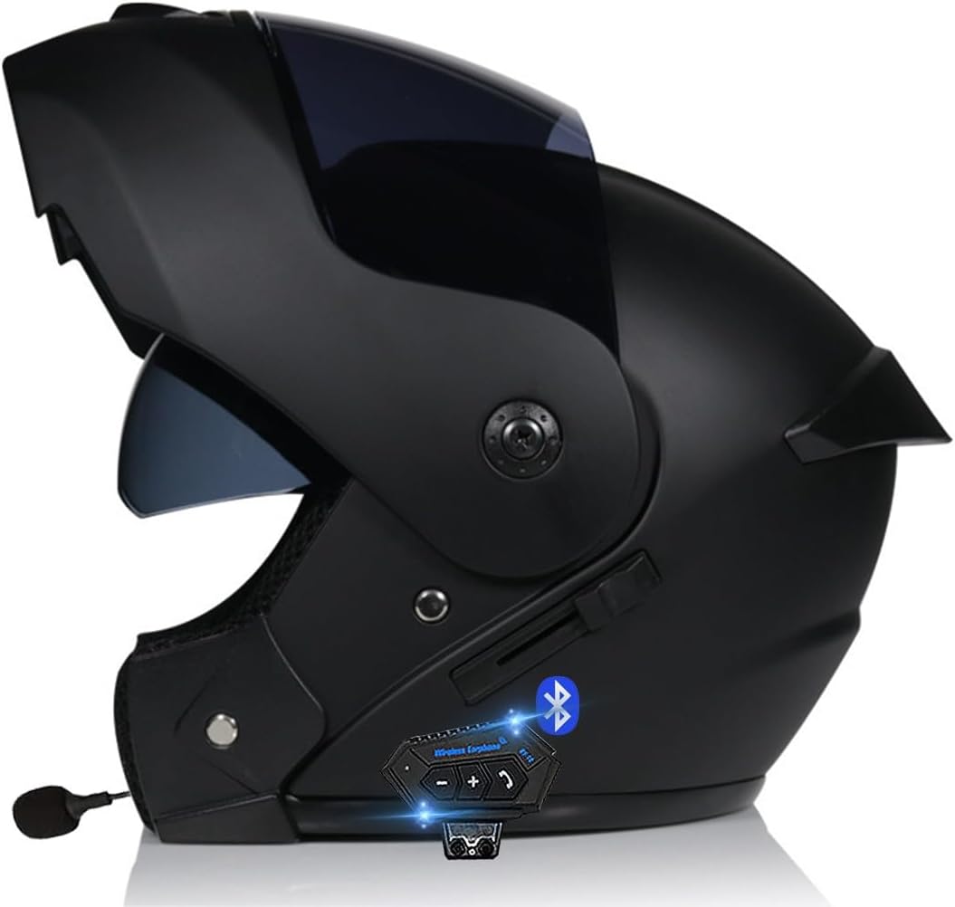 Bluetooth Casques Modulables Moto ECE Homologué, Casque Moto Rabattable Casque IntéGraux Double VisièRe Microphone Double Haut-Parleur pour Hommes Femmes Adultes S-XL (21.6-24.4in)