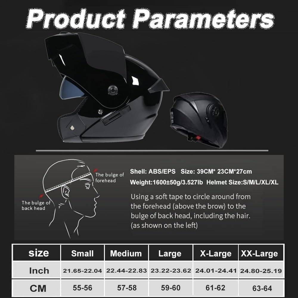 Bluetooth Casques Modulables Moto ECE Homologué, Casque Moto Rabattable Casque IntéGraux Double VisièRe Microphone Double Haut-Parleur pour Hommes Femmes Adultes S-XL (21.6-24.4in)