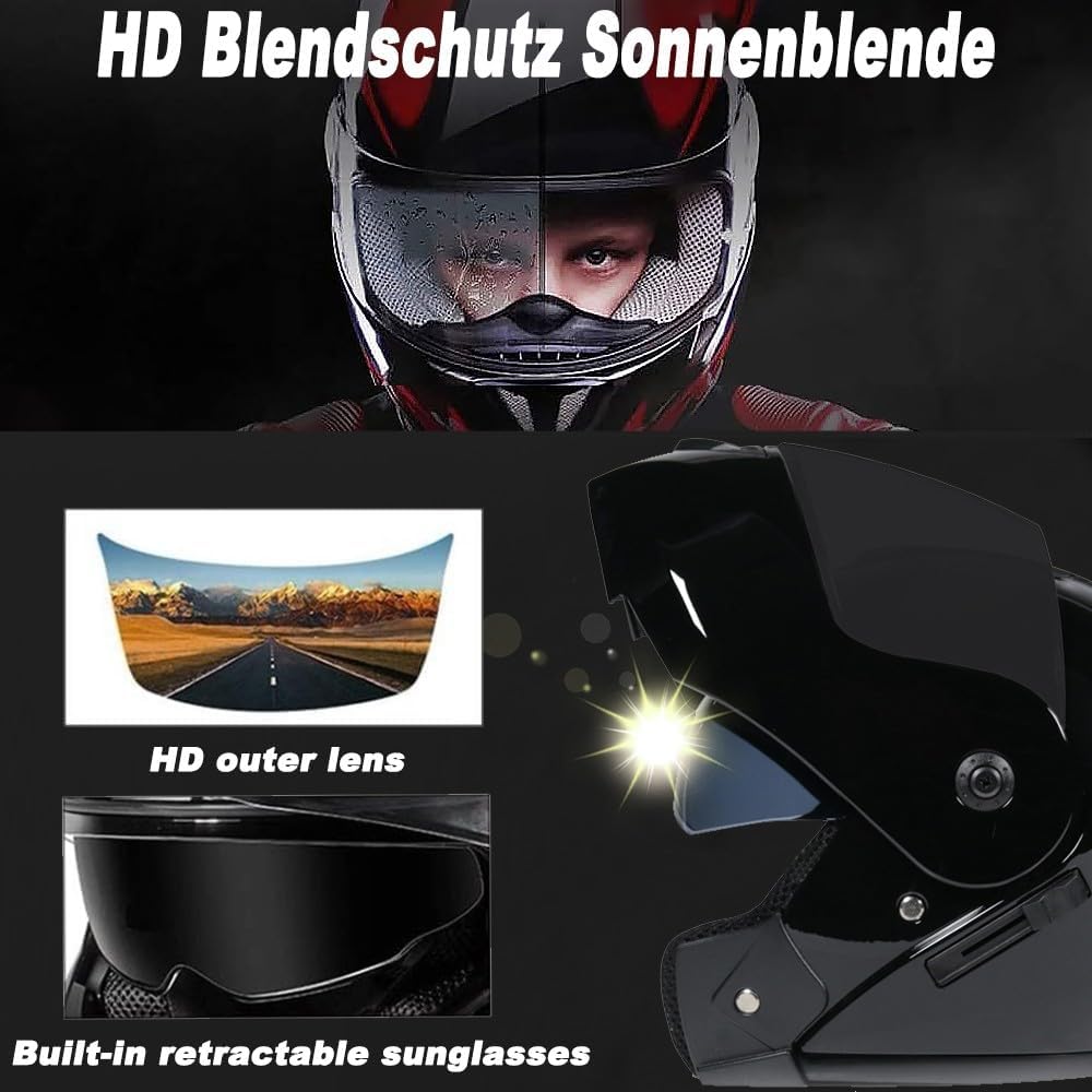 Bluetooth Casques Modulables Moto ECE Homologué, Casque Moto Rabattable Casque IntéGraux Double VisièRe Microphone Double Haut-Parleur pour Hommes Femmes Adultes S-XL (21.6-24.4in)