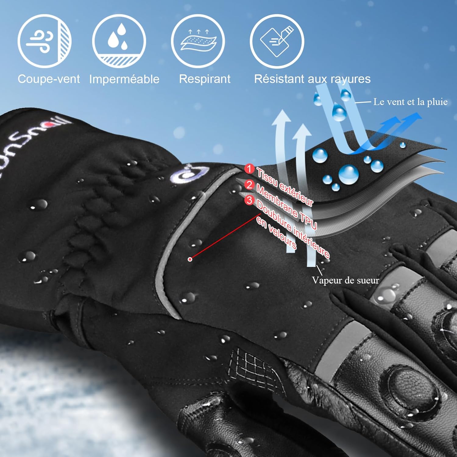 2KP CE Gants de Moto Hiver, Gants de Moto Imperméables pour Hommes et Femmes, Protection Legère et Chaude, Gants de Motard à Écran Tactile Avec Protection Rigide Des Articulations pour VTT, BMX