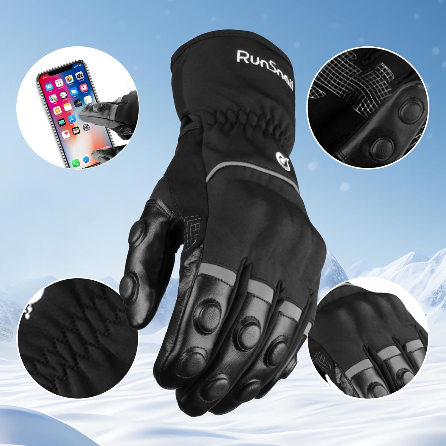 2KP CE Gants de Moto Hiver, Gants de Moto Imperméables pour Hommes et Femmes, Protection Legère et Chaude, Gants de Motard à Écran Tactile Avec Protection Rigide Des Articulations pour VTT, BMX